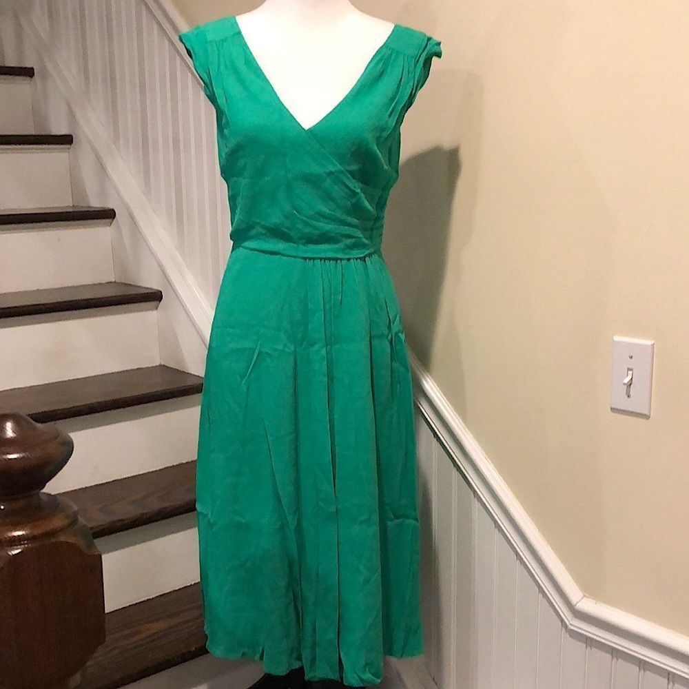 KATE SPADE Jade Green Tea Length Cap Sleeves Empire  Crossover Top Dress Sz 4